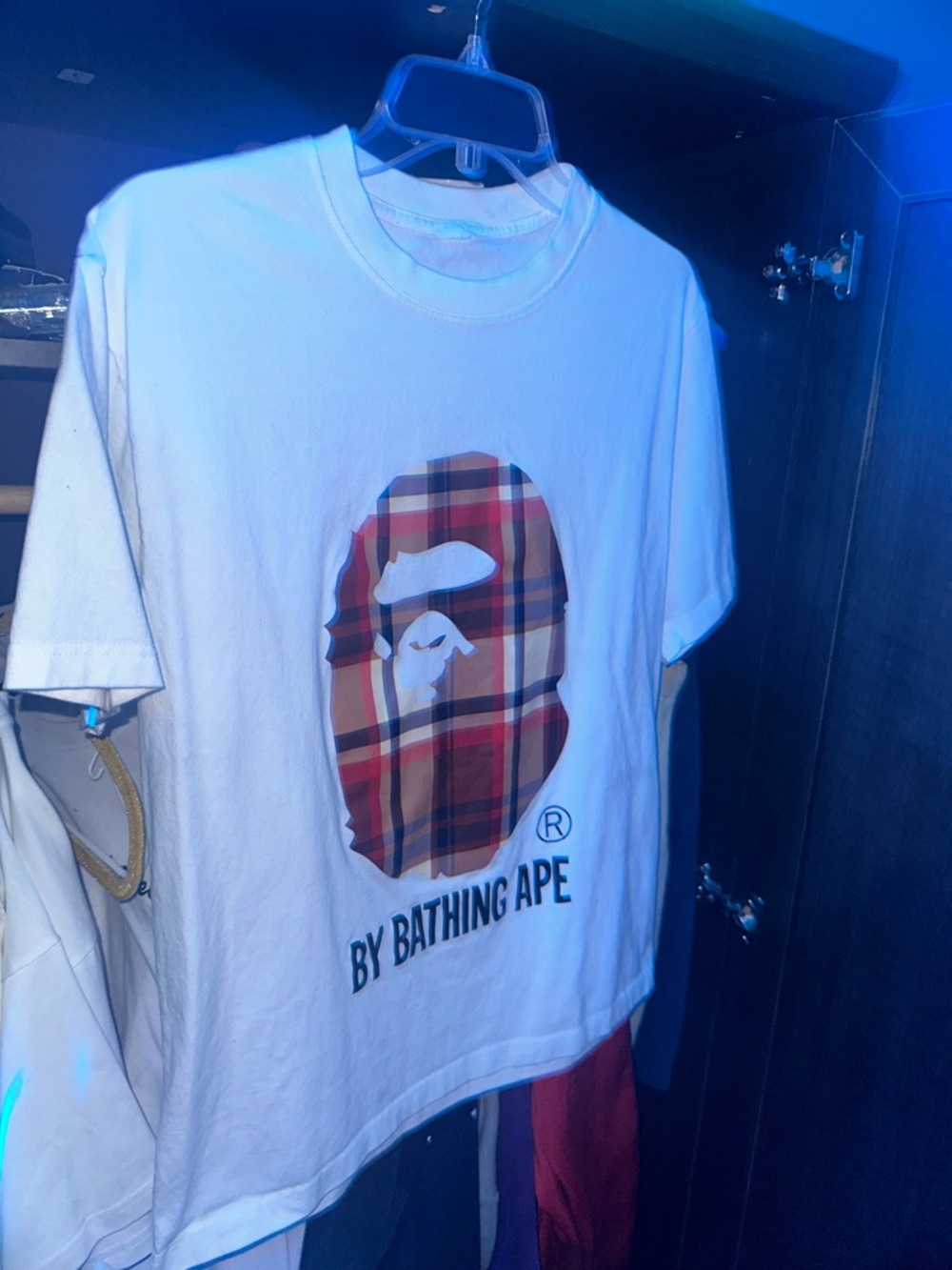 Bape White T-Shirt with Red & Brown Plaid Ape Logo